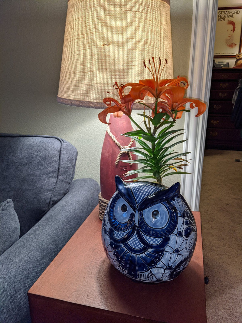 Ceramic Owl Flower Pot - Talavera Blue Mexico Decor, Indoor or Outdoor