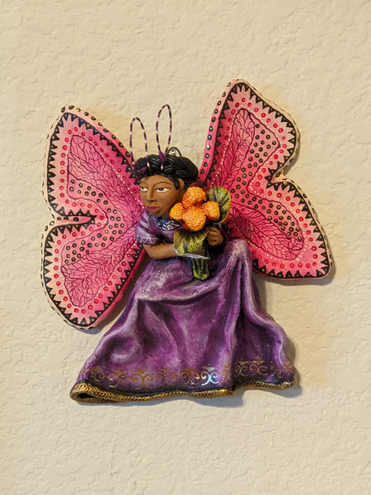 Wall Art Home Decor, Christmas Ornaments, Mexican Folk Art, Angel Figurine, Purple Butterfly Wall Art, Clay Pottery Original, Oaxaca, Mexico