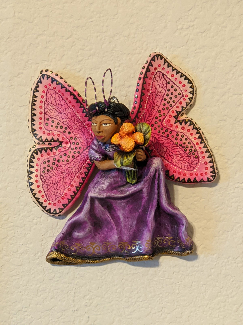 Wall Art Home Decor, Christmas Ornaments, Mexican Folk Art, Angel Figurine, Purple Butterfly Wall Art, Clay Pottery Original, Oaxaca, Mexico