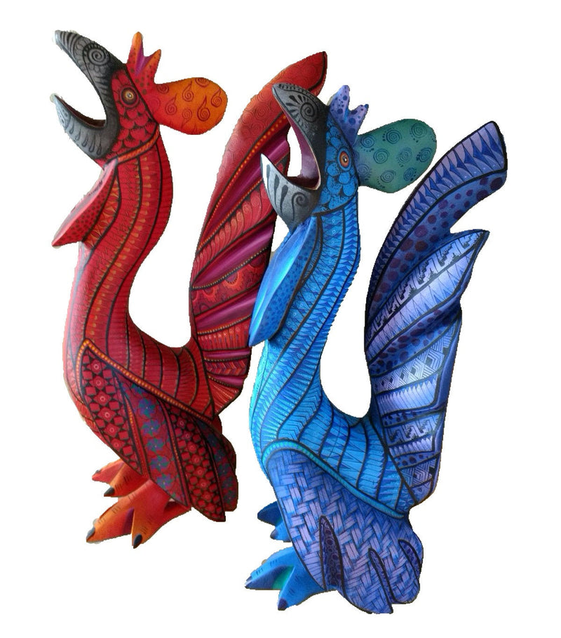 Alebrije Roosters de Oaxaca, Original Wood Carvings, Mexican Folk Art - Cluck Norris & Cluck Kent by Artist Florencio Fuentes Melchor