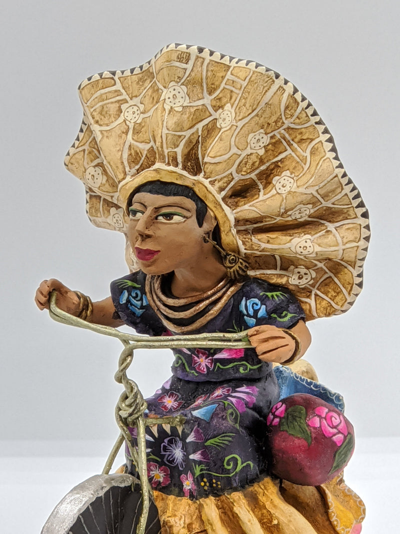 Oaxacan Woman on Bicycle, Original Mexican Art, Colorful Clay Figurine & Mexican Art by Jose Juan Aguilar from Oaxaca, Mexico