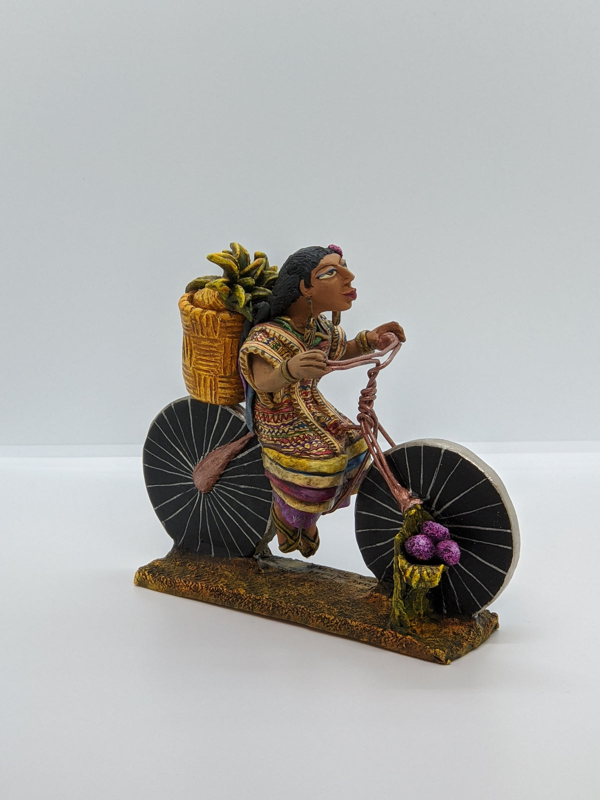 Oaxacan Pineapple Vendor on Bicycle, Clay Woman Figurine, Women Statue, Mexican Folk Art, Oaxacan Art, Handmade Original Collectible