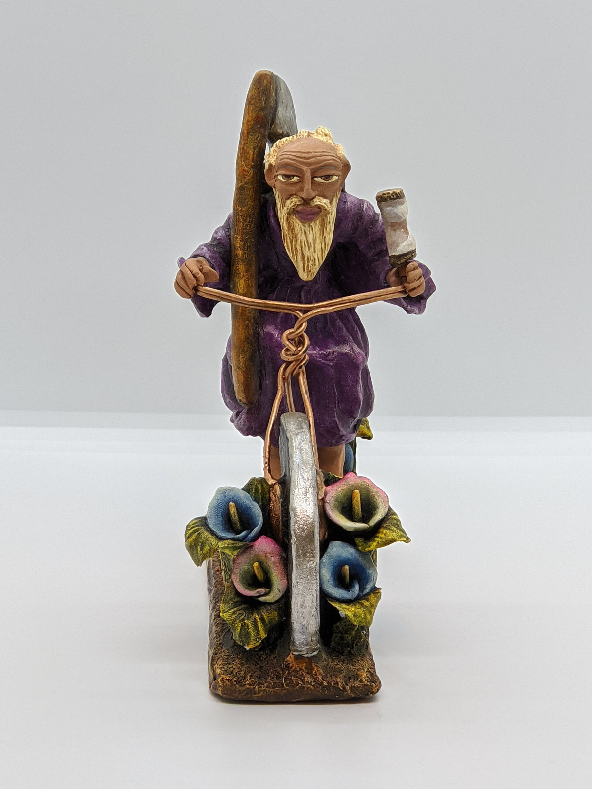 Father Time Bicycle, Clay Figurine, Mexican Folk Art, Oaxacan Art, Handmade Original Collectible