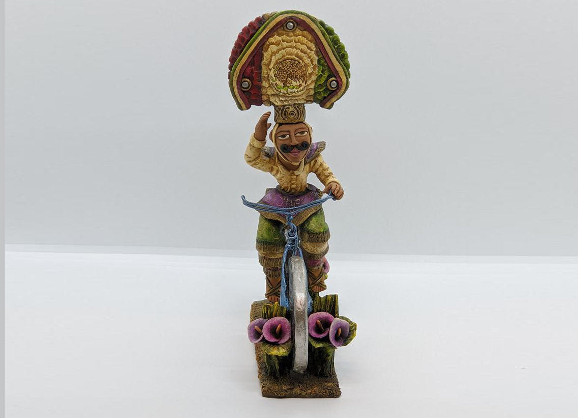 Mexican Bicyclist, Clay Man Figurine and Statue, Mexican Folk Art, Oaxacan Art, Handmade Original Collectible