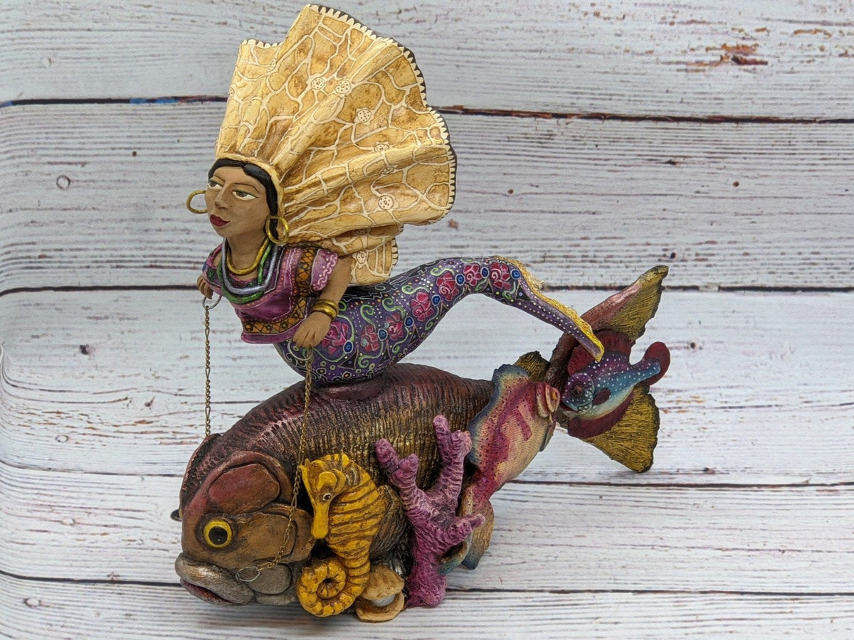 Mermaid, Home Decor, Mexican Folk Art, Mermaid Figurine Statue, Clay Pottery Original Art from Oaxaca, Mexico by Jose Juan Aguilar