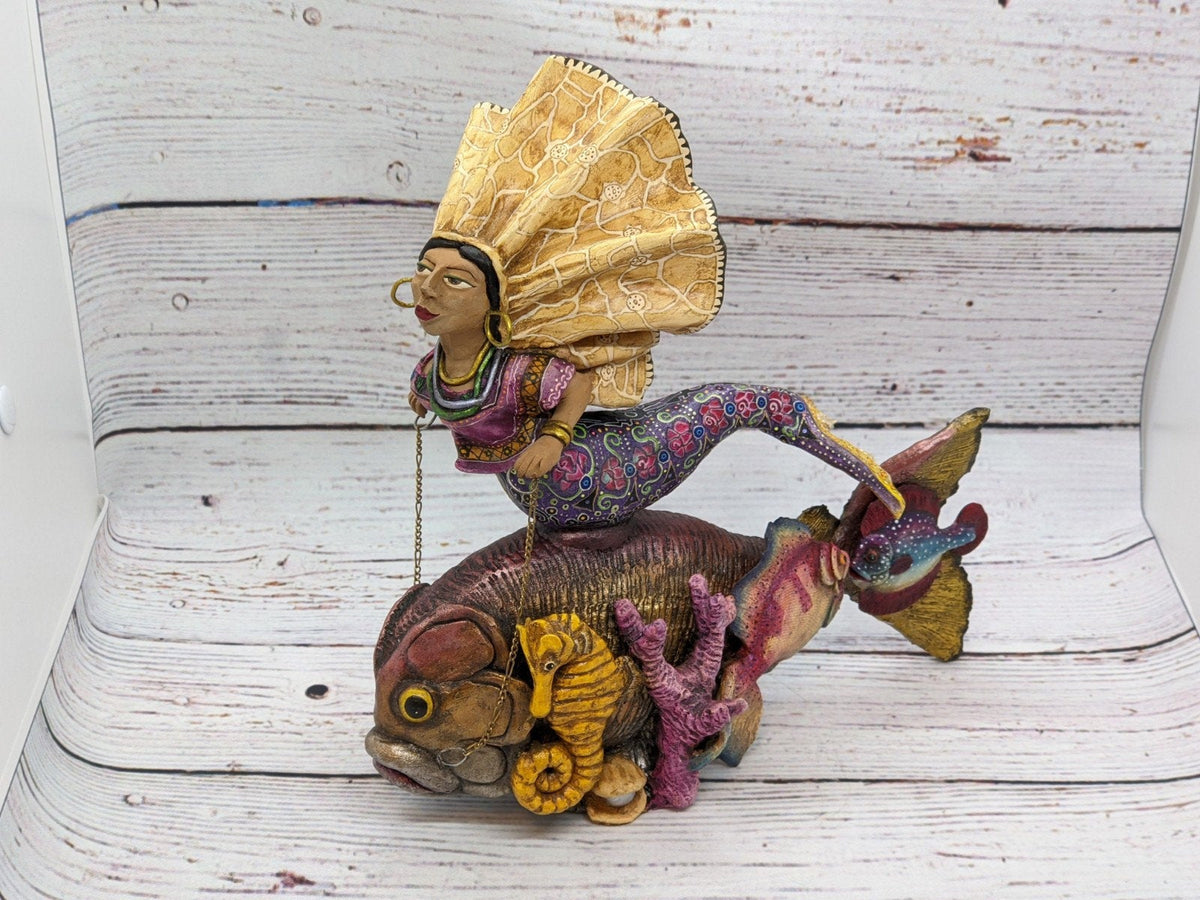 Mermaid, Home Decor, Mexican Folk Art, Mermaid Figurine Statue, Clay Pottery Original Art from Oaxaca, Mexico by Jose Juan Aguilar