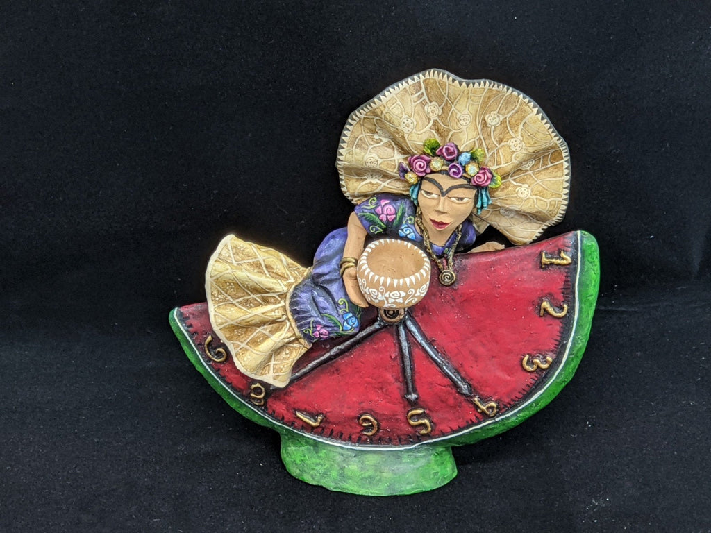 On the Clock, Home Decor, Mexican Folk Art, Woman Figurine Statue, Clay Pottery Original Art from Oaxaca, Mexico by Jose Juan Aguilar
