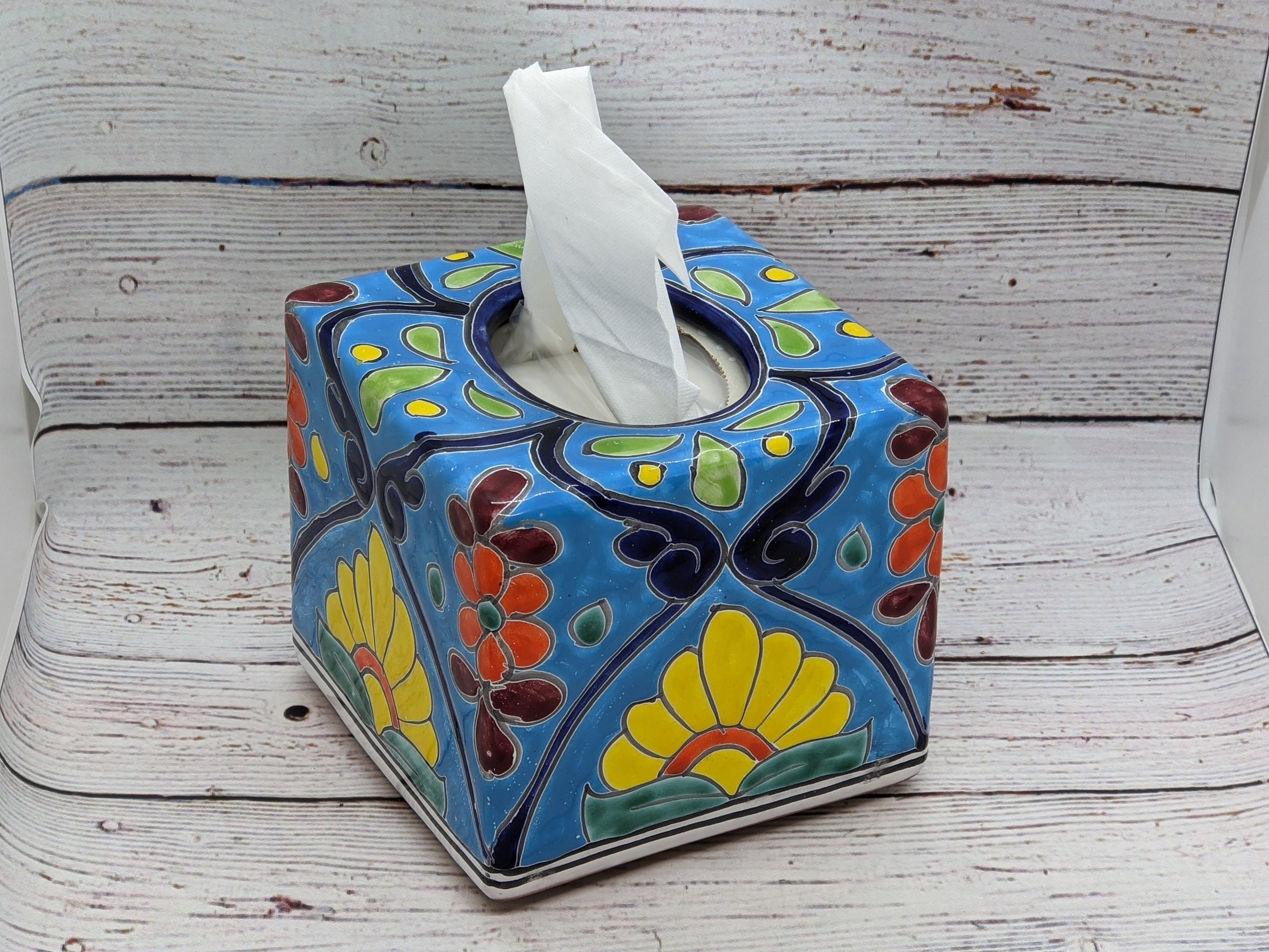 Talavera-Style Ceramic Tissue Box Cover, 'Talavera Flowers