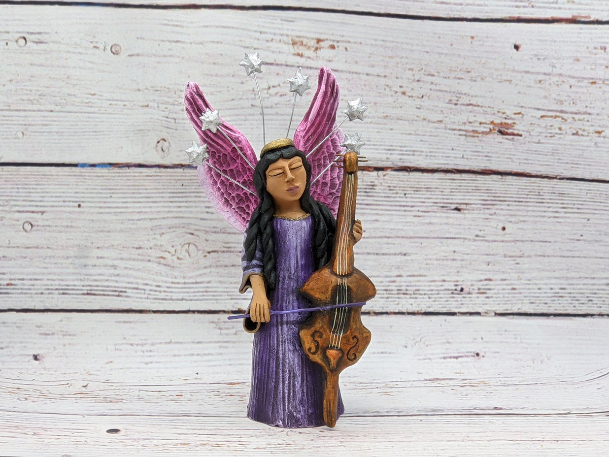Christmas Decorations, Angel with Cello, Christmas Angel Home Decor, Handmade Angel Art from Oaxaca Mexico, Original Sculpture