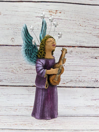 Christmas Decorations, Angel with Guitar, Christmas Angel Home Decor, Handmade Angel Art from Oaxaca Mexico, Original Sculpture