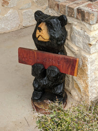 Pre-Order | Chainsaw Carved Black Bear & Welcome Sign to Greet Your Guests with a Wooden Statue on Your Front Porch Home Decor | Ships 2-25