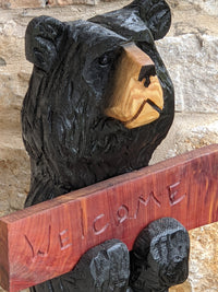 Pre-Order | Chainsaw Carved Black Bear & Welcome Sign to Greet Your Guests with a Wooden Statue on Your Front Porch Home Decor | Ships 2-25