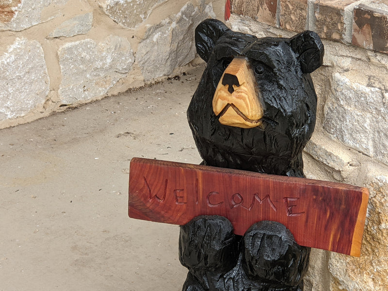 Pre-Order | Chainsaw Carved Black Bear & Welcome Sign to Greet Your Guests with a Wooden Statue on Your Front Porch Home Decor | Ships 2-25