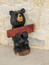 Pre-Order | Chainsaw Carved Black Bear & Welcome Sign to Greet Your Guests with a Wooden Statue on Your Front Porch Home Decor | Ships 2-25