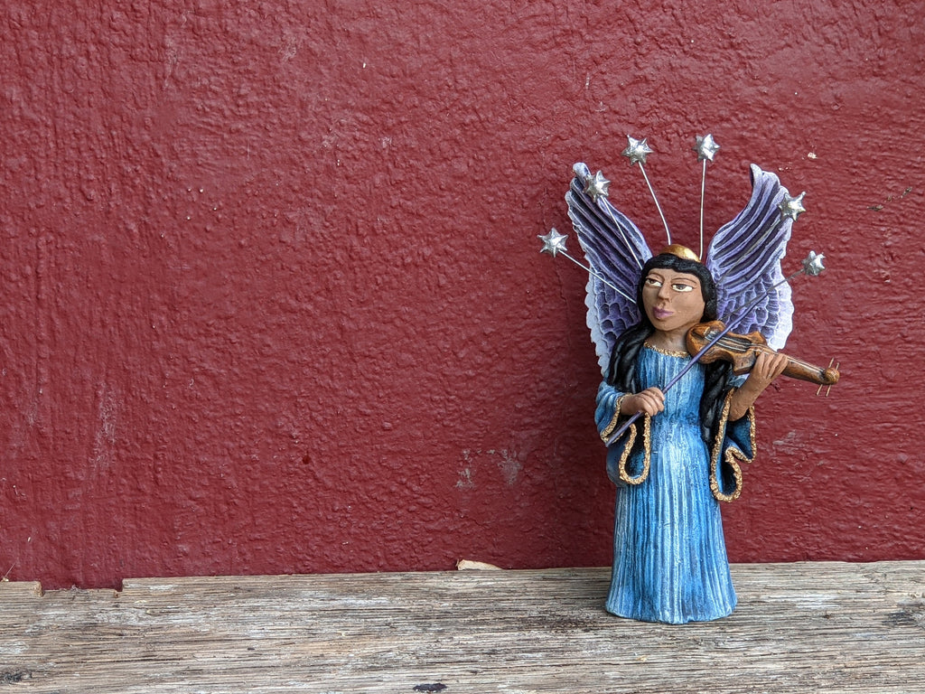 Christmas Decorations, Angel with Violin, Christmas Angel Home Decor, Handmade Angel Art from Oaxaca Mexico, Original Sculpture