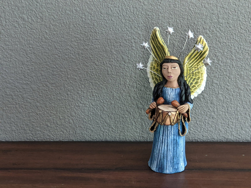 Angel with Drums,  Angel Home Decor, Handmade Angel Art from Oaxaca Mexico, Original Sculpture, Christmas Decoration