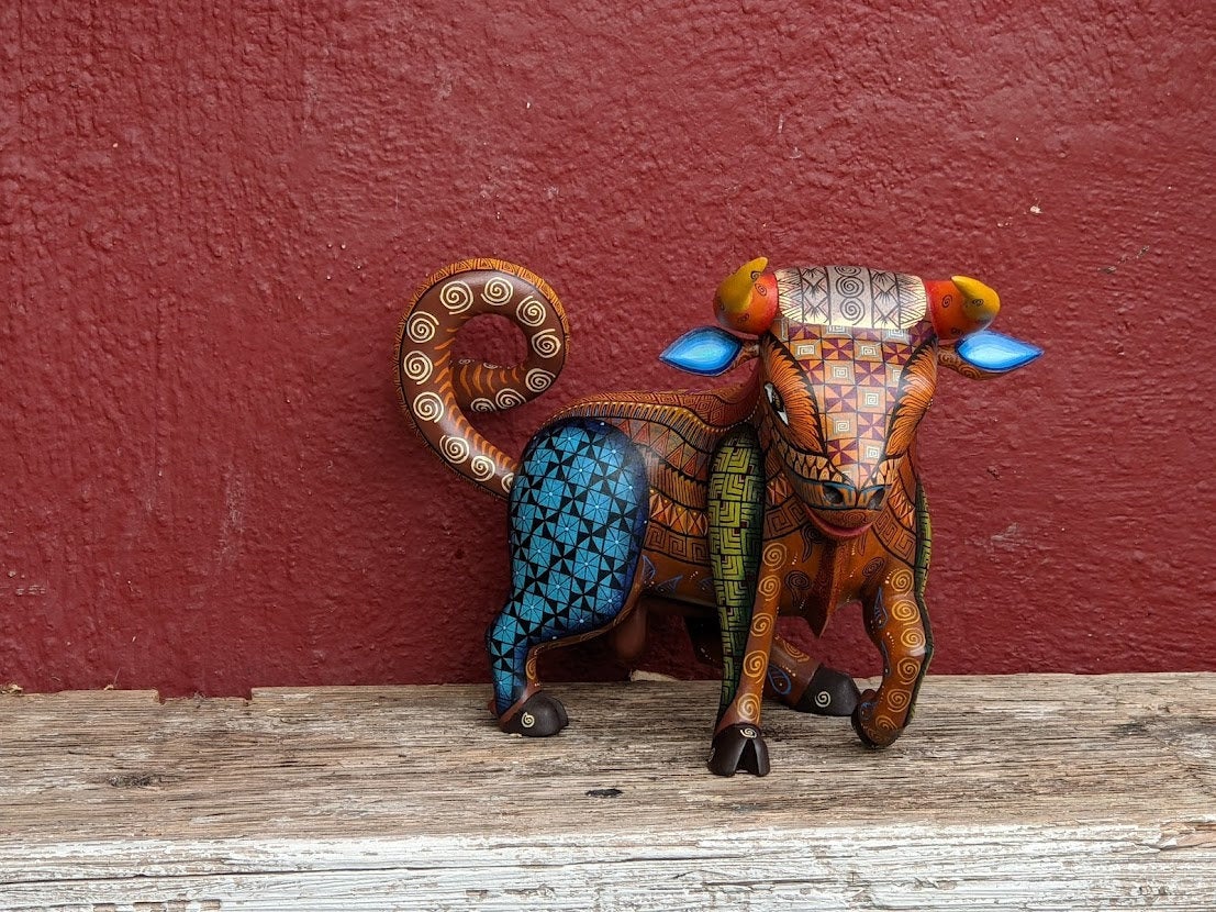 Bull Alebrije, Oaxaca Mexico Folk Art, Handmade Home Decor, Original Wood Sculpture, Carved Animal, Unique Gift, Genuine Original