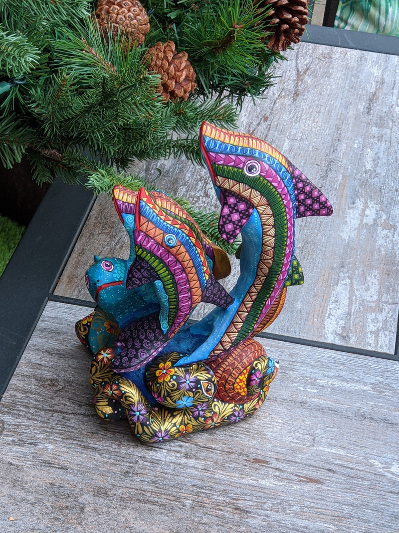 Dolphins Alebrije Figurine, Handmade Home Decor, Folk Art from Oaxaca Mexico, Original Wood Sculpture, Carved Animal, Unique Dolphin Statue