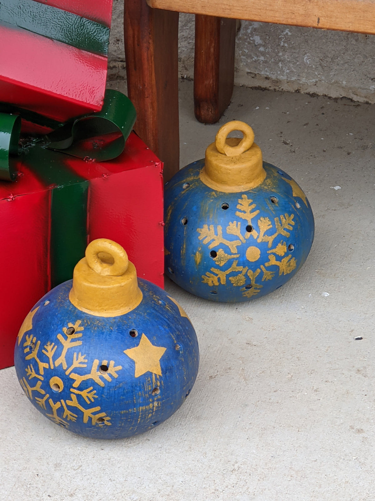 Outdoor Ornament Christmas Decor, Colorful Porch Art for Christmas Season, Festive Holiday Home Decor. Blue Snowflake Ornament w Stars, Clay