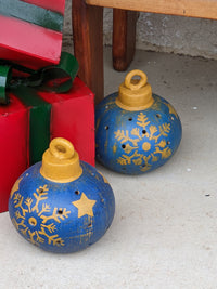 Outdoor Ornament Christmas Decor, Colorful Porch Art for Christmas Season, Festive Holiday Home Decor. Blue Snowflake Ornament w Stars, Clay