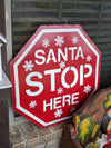 Santa Stop Here Outdoor Sign, Fun Metal Christmas Sign Decor, Large Metal Signs for Christmas, Outside Porch Decor, Inside Home Decor