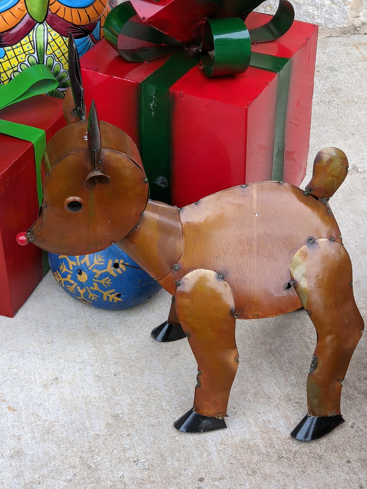 Reindeer Outdoor Christmas Decor, Rudolph the Reindeer Decoration for Yard or Home, Holiday Yard Art or Porch Decor, Mexican Metal Art, 20" Tall
