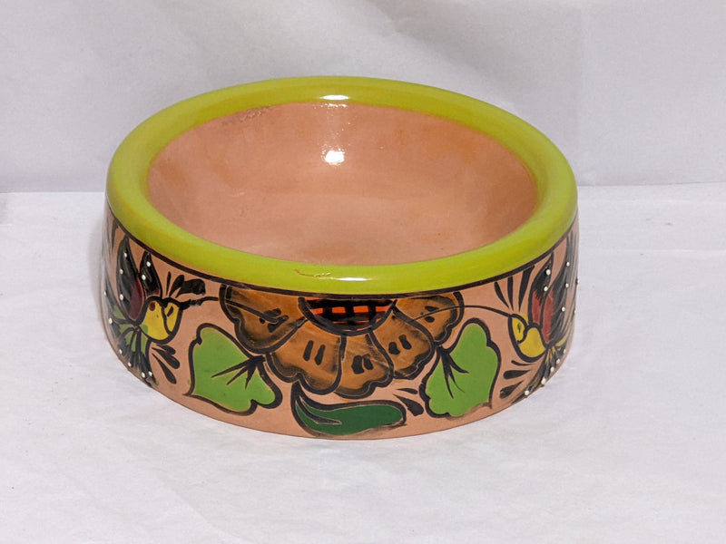 Dog Dish, Ceramic Pet Bowl, Talavera Pottery, Medium Dog Food Bowls, Pet Bowls, Hand Painted Dog Lover Gift, Lime Green Rim & 4 Hummingbirds