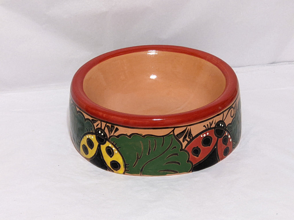 Dog Dish, Ceramic Pet Bowl, Talavera Pottery, Medium Dog Food Bowls, Pet Bowls, Hand Painted Dog Lover Gift, Red Rim & 3 Ladybugs