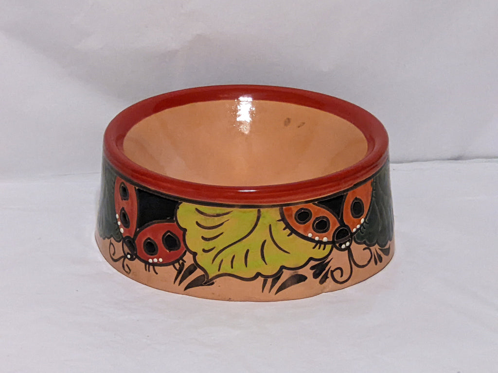 Dog Dish, Ceramic Pet Bowl, Talavera Pottery, Medium Dog Food Bowls, Pet Bowls, Hand Painted Dog Lover Gift, Red Rim & 3 Ladybugs