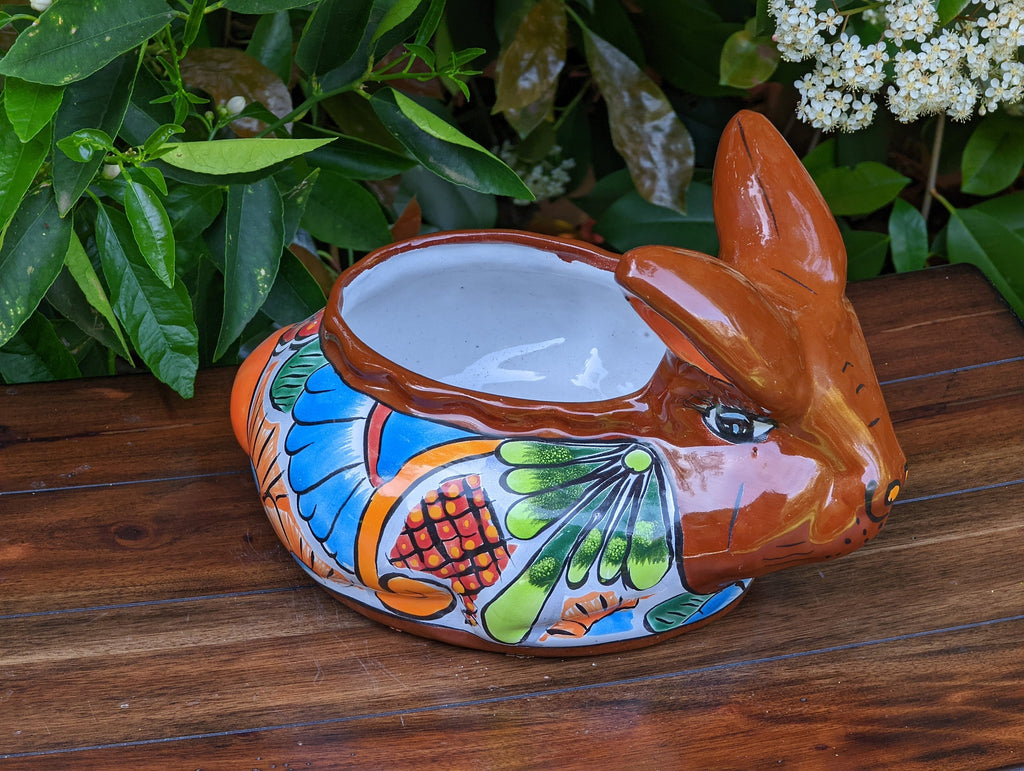 Rabbit Flower Pot, Colorful Talavera Pottery, Ceramic Planter, Indoor Home Decor, Outdoor Garden Decor, Hand Painted Rabbit Yard Decor