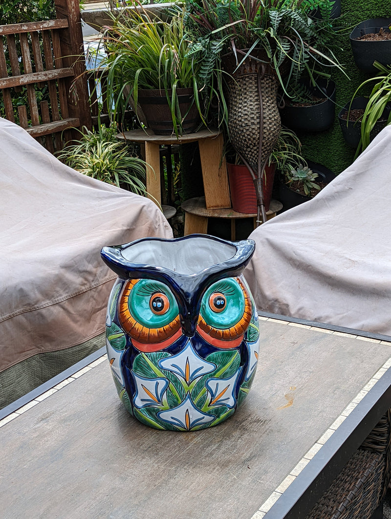 Gorgeous 14" Owl Flower Pot, Talavera Ceramic Planter, Handmade Pottery, Outdoor Garden Decor, Indoor Home Decor, Unique Gift for Birders