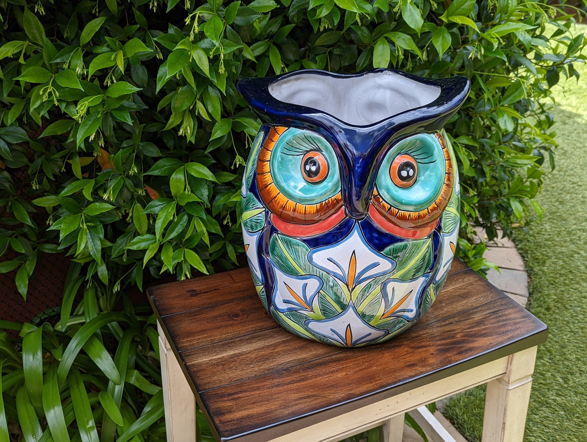 Gorgeous 14" Owl Flower Pot, Ceramic Planter is Handmade Talavera Pottery for Outdoor Garden Decor, Unique Housewarming Gift