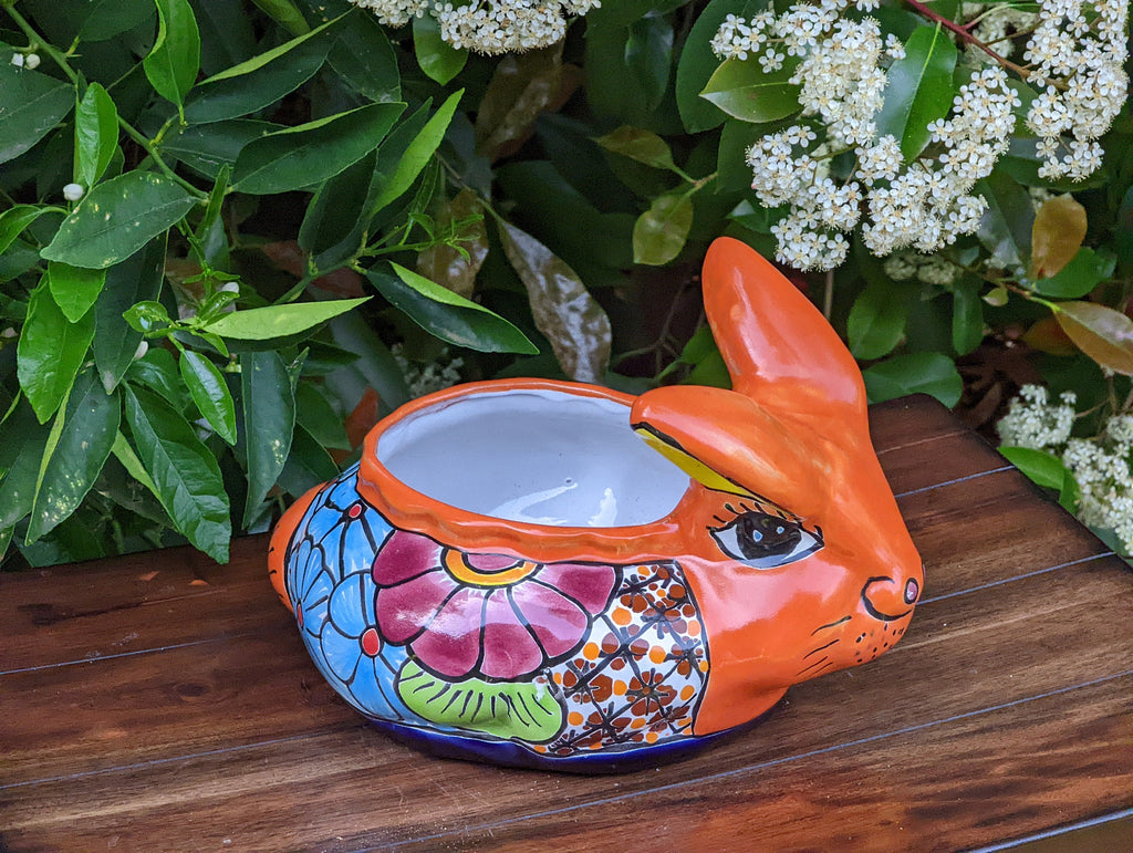 Rabbit Flower Pot, Colorful Talavera Pottery, Ceramic Planter, Indoor Home Decor, Outdoor Garden Decor, Hand Painted Rabbit Yard Decor