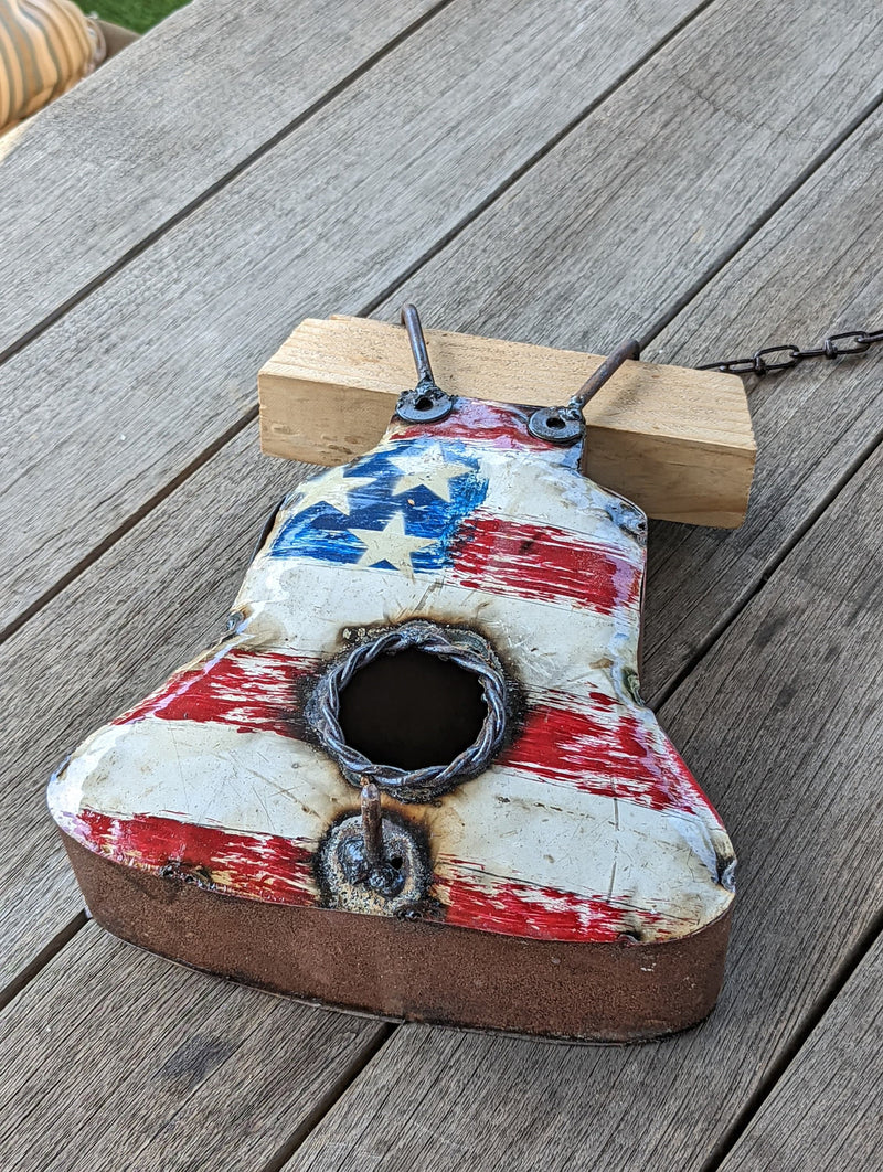 Metal Birdhouse, Unique Patriotic Liberty Bell Style, Outdoor or Indoor, Decorative Birdhouse Decor, Handmade in Mexico