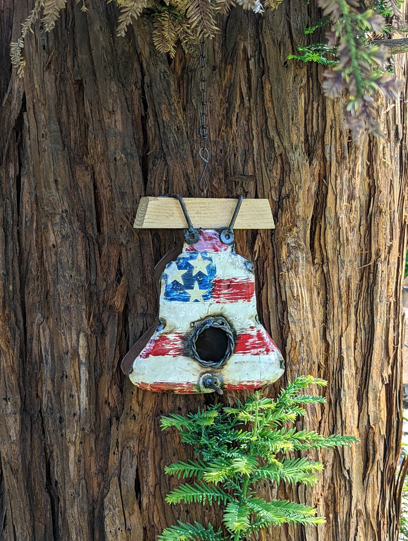 Metal Birdhouse, Unique Patriotic Liberty Bell Style, Outdoor or Indoor, Decorative Birdhouse Decor, Handmade in Mexico