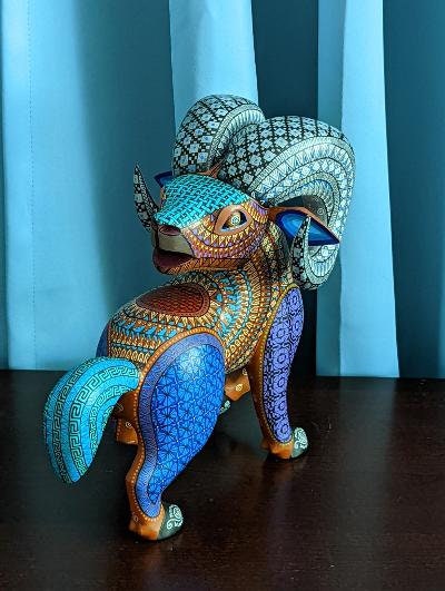 Ram Alebrije Figurine, Handmade Home Decor, Folk Art from Oaxaca Mexico, Original Wood Sculpture, Carved Animals, Unique Ram Statue Gift