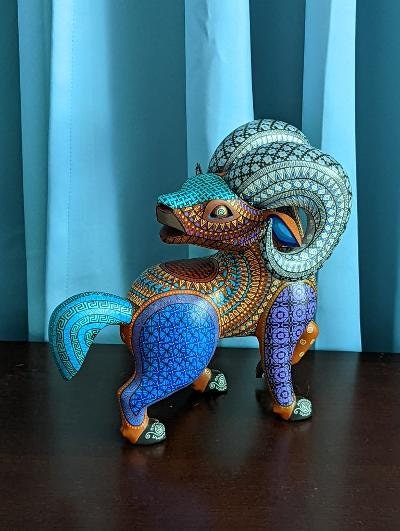 Ram Alebrije Figurine, Handmade Home Decor, Folk Art from Oaxaca Mexico, Original Wood Sculpture, Carved Animals, Unique Ram Statue Gift