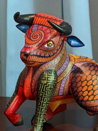 Bull Alebrije with Serpent Tail, Oaxaca Mexico Folk Art, Handmade Home Decor, Original Wood Sculpture, Carved Animal, Unique Gift, Genuine