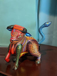 Bull Alebrije with Serpent Tail, Oaxaca Mexico Folk Art, Handmade Home Decor, Original Wood Sculpture, Carved Animal, Unique Gift, Genuine