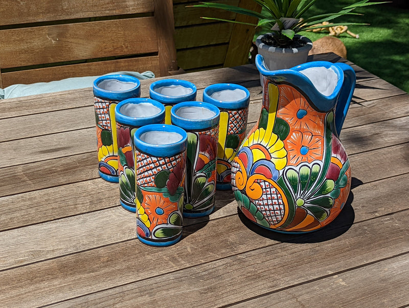 Talavera Ceramic Pitcher & Six Glasses, Handmade Talavera Pottery, Ceramic Water Pitcher Set for the Kitchen or Dining Room, Mexican Pottery