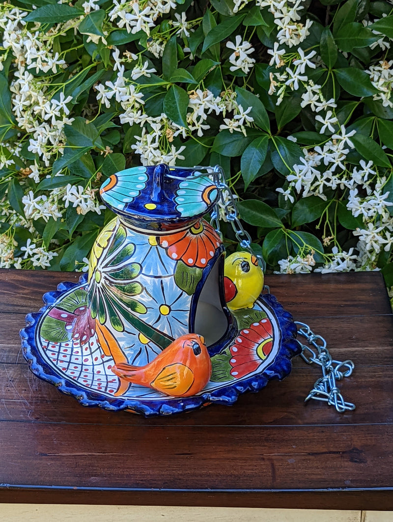 Ceramic Bird Feeder, Talavera Pottery, Decorative Outdoor Hanging Feeder Station w Chain, Handmade Mexican Pottery, Attract Wild Birds