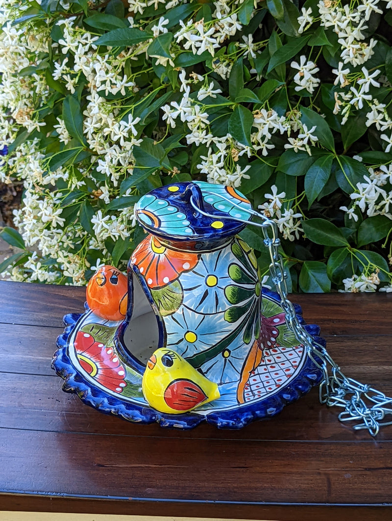 Ceramic Bird Feeder, Talavera Pottery, Decorative Outdoor Hanging Feeder Station w Chain, Handmade Mexican Pottery, Attract Wild Birds