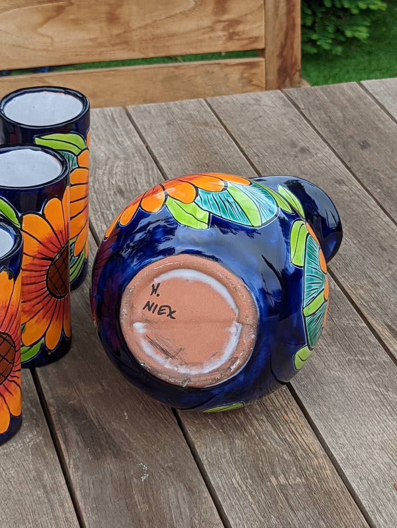 Talavera Ceramic Pitcher & Six Glasses, Handmade Talavera Pottery, Ceramic Water Pitcher Set for the Kitchen or Dining Room, Mexican Pottery