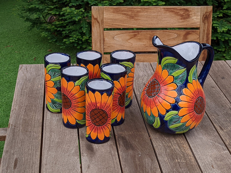 Talavera Ceramic Pitcher & Six Glasses, Handmade Talavera Pottery, Ceramic Water Pitcher Set for the Kitchen or Dining Room, Mexican Pottery