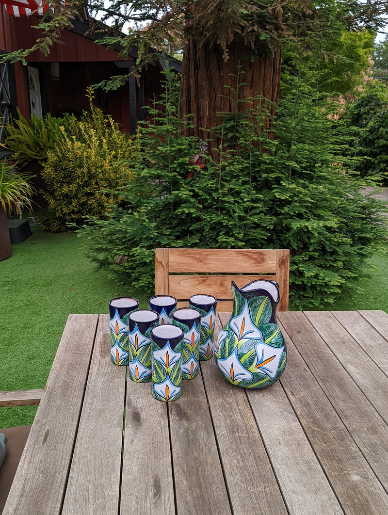 Talavera Ceramic Pitcher & Six Glasses, Handmade Talavera Pottery, Ceramic Water Pitcher Set for the Kitchen or Dining Room, Mexican Pottery