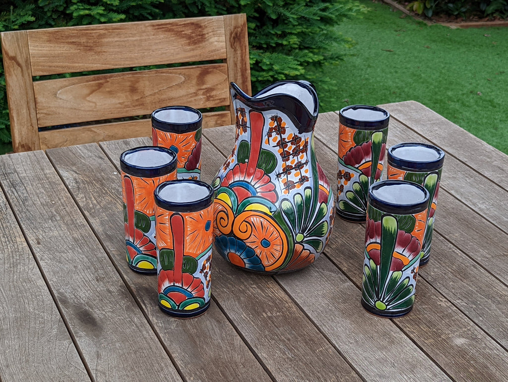 Talavera Ceramic Pitcher & Six Glasses, Handmade Talavera Pottery, Ceramic Water Pitcher Set for the Kitchen or Dining Room, Mexican Pottery