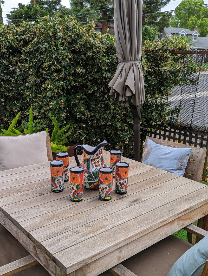 Talavera Ceramic Pitcher & Six Glasses, Handmade Talavera Pottery, Ceramic Water Pitcher Set for the Kitchen or Dining Room, Mexican Pottery