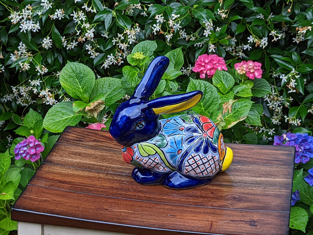 Rabbit Garden Decor, Cute Ceramic Rabbit Gift, Yard & Garden Art, Talavera Pottery, Handmade, Hand Painted, Rabbit Yard Decoration