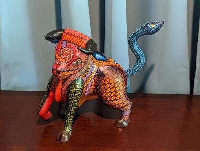 Bull Alebrije with Serpent Tail, Oaxaca Mexico Folk Art, Handmade Home Decor, Original Wood Sculpture, Carved Animal, Unique Gift, Genuine