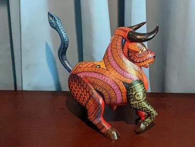 Bull Alebrije with Serpent Tail, Oaxaca Mexico Folk Art, Handmade Home Decor, Original Wood Sculpture, Carved Animal, Unique Gift, Genuine